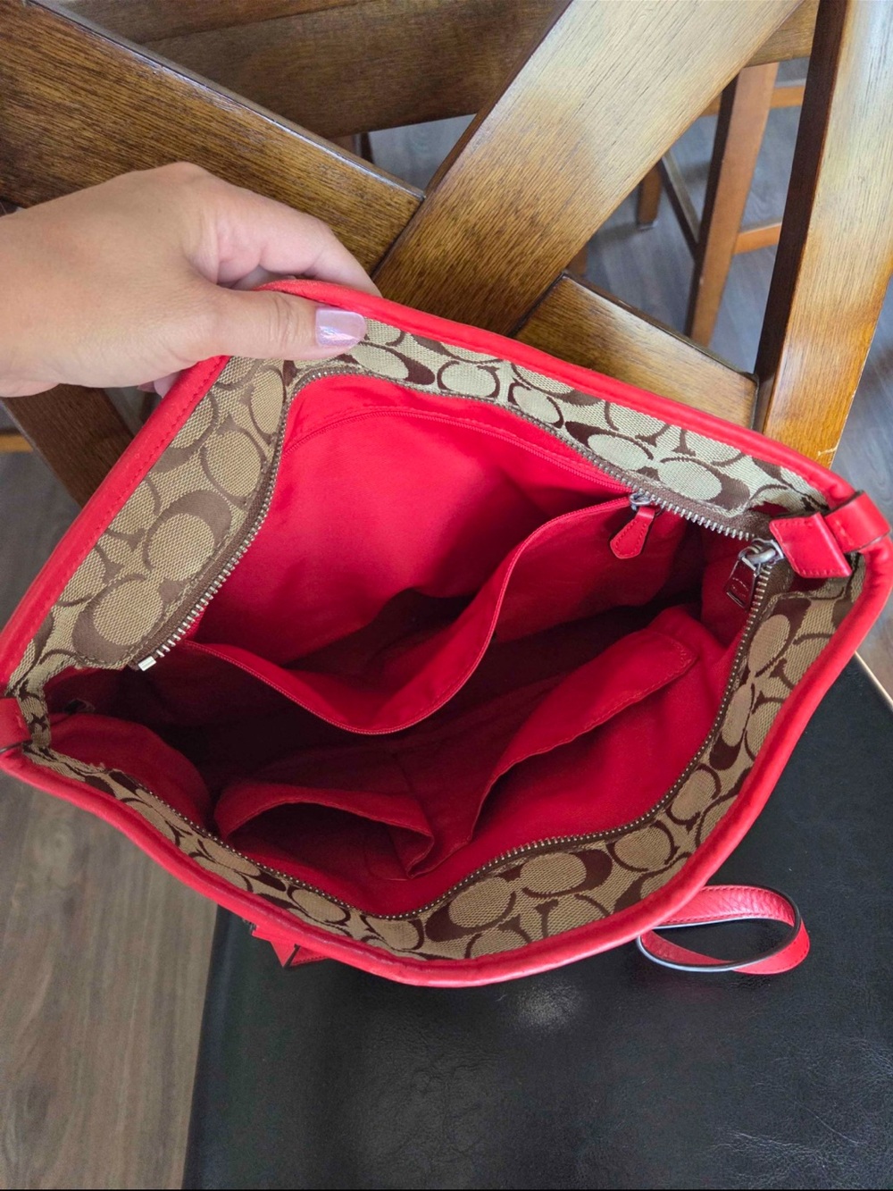 Coach Brown Signature Canvas Tote with Red Trim - Picture 2 of 2